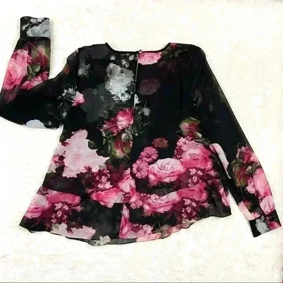 Ellen Tracy Semi Sheer Black Floral Ruffled Blouse - Picture 8 of 13